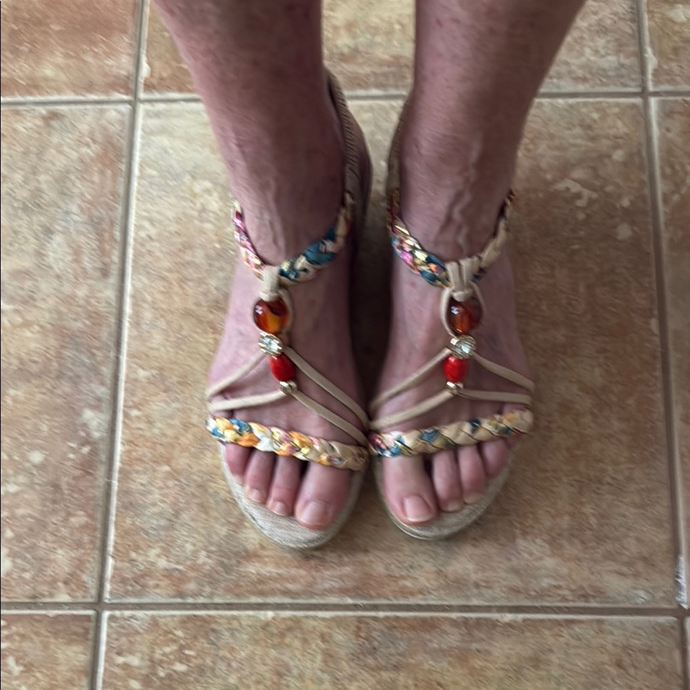 Tan T-Strap Sandals with Beaded Embellishments